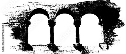 Grunge black and white ornate arches illustration for vintage design concepts