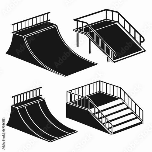 Collection of black and white isometric illustrations featuring skate park ramps and stairs with railings ideal for sports and urban design concepts