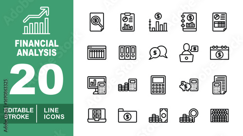 Financial Analysis line icon set. Editable stroke icons for Financial Analysis. Containing growth chart, financial document search, financial report, bar chart with coin, financial ledger, and more