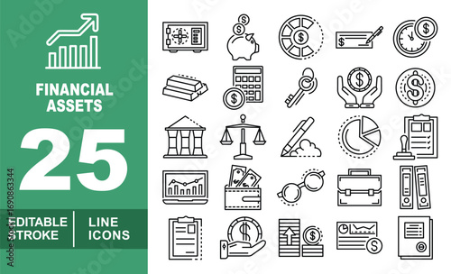 Financial Assets line icon set. Editable stroke icons for Financial Assets. Containing growth chart, safe, piggy bank, investment pie chart, check with pen, time is money, gold bars, calculator