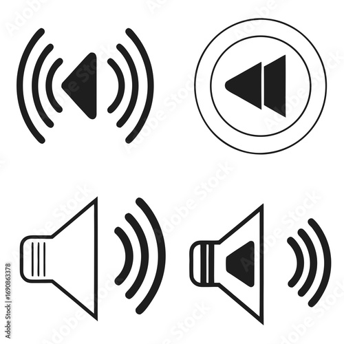 Collection of four black and white icons representing audio and playback controls including rewind symbols and speaker volume indicators with sound waves emanating outwards
