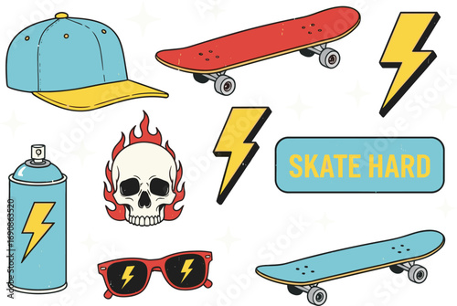 Colorful skateboard illustration set with cap, skull, sunglasses, spray can, lightning bolt, retro urban street style graphic elements