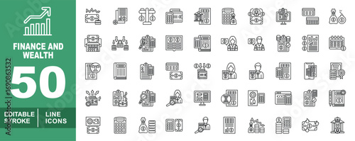 Finance and Wealth line icon set. Editable stroke icons for Financial. Containing money inflow, financial market, financial report, money balance, wallet calculator, bank statement, money bag, audit 