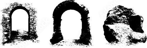Grunge black and white ornate archways and rocks illustration set for design