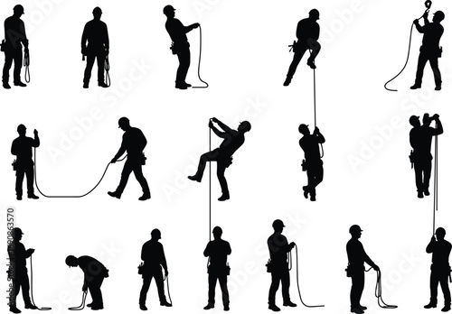 Construction worker silhouettes with ropes, climbing, pulling, lifting, and securing safety harnesses, black industrial vector illustration for site work, safety training, and construction projects