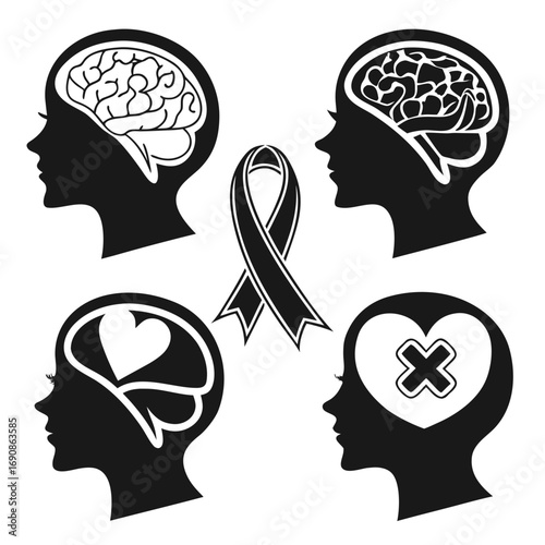 Conceptual silhouettes of female heads displaying brain health and awareness symbols including a ribbon and heart with cross for mental health and medical awareness
