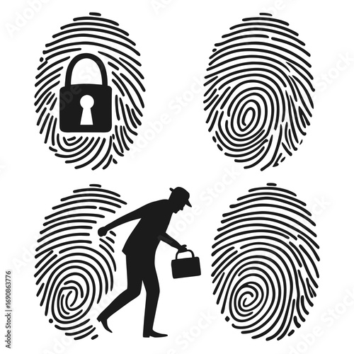 Security and privacy concepts illustrated by fingerprints and a silhouette of a person with a briefcase and a padlock symbol representing identity protection and data security