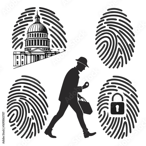 Silhouette of a person walking past fingerprint icons representing identity security and government buildings symbolizing surveillance and data privacy concerns