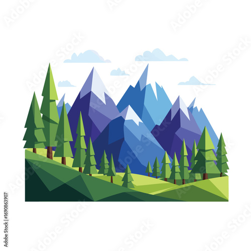 Geometric lowpoly mountain landscape with snowcapped peaks and a green pine forest.