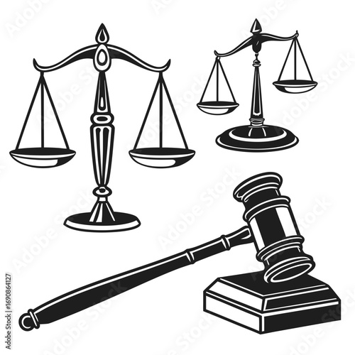 A collection of black and white illustrations featuring the scales of justice and a gavel representing law and legal proceedings
