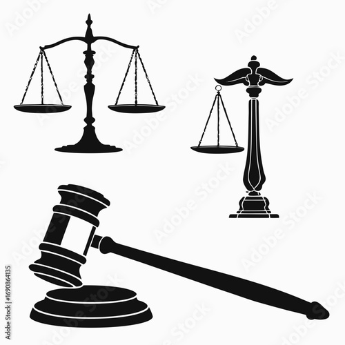 Collection of black silhouette legal symbols including a gavel and two different scales of justice representing law justice and fairness