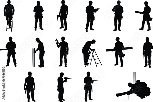 Construction worker silhouettes with drills, ladders, blueprints, beams and rebar, black industrial labor vector illustration for engineering, architecture, building site and construction projects