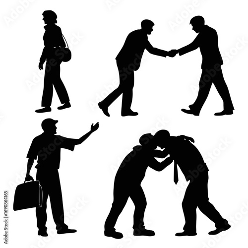 Collection of diverse human silhouettes depicting various interactions and activities including walking greeting offering assistance and embracing isolated on a white background