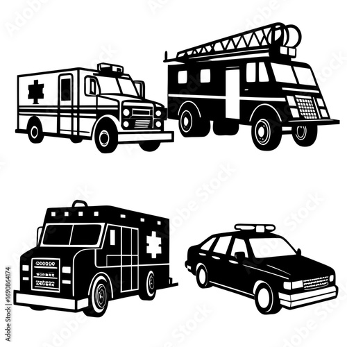 Collection of emergency service vehicles including an ambulance a fire truck and a police car rendered in a clean black and white graphic style for easy use in design projects