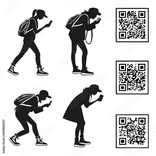 Diverse group of people in silhouette using smartphones to scan qr codes representing modern technology and connectivity in everyday life and travel