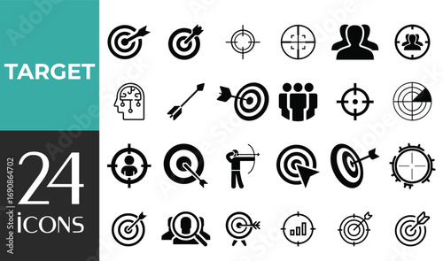 Target & Goal Line Icons Set. Mission Success, Achievement, Crosshair, Arrow & Shooting Editable Stroke Vector Illustration.