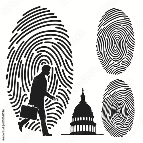 Silhouette of a businessman walking with a briefcase inside a large fingerprint next to the us capitol building and two smaller fingerprints symbolizing identity and government