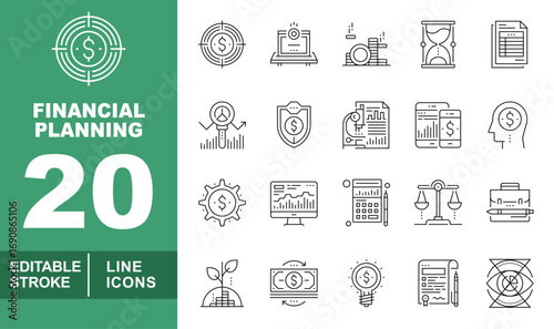 Financial Planning line icon set. Editable stroke icons for Investment. Containing target, laptop, coins, hourglass, document, chartmagnifier, dollarsheild, documentstats, phone, head, gears, graph
