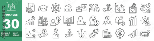 Finances line icon set. Editable stroke icons for Investment. Containing document, graduation, moneyprocess, card, briefcase, baghand, chartup, trophy, graph, hearthbag, bag, chart, chartup, chess