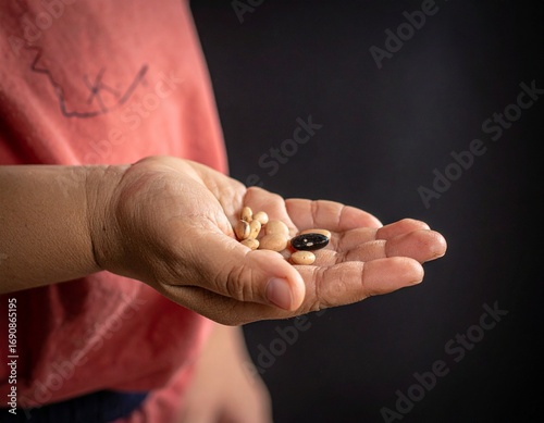 A person holds a handful of small, light-colored pills and one dark capsule against a dark background.