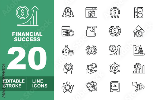 Financial Success line icon set. Editable stroke icons for Investment. Containing dollars, team, screenreverse, dollarcircle, money, coins, documentfolder, wreath, housedollar, bagcoins, wreath, more