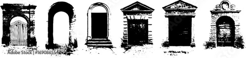 Grunge black and white set of ornate architectural doorways for design and art projects