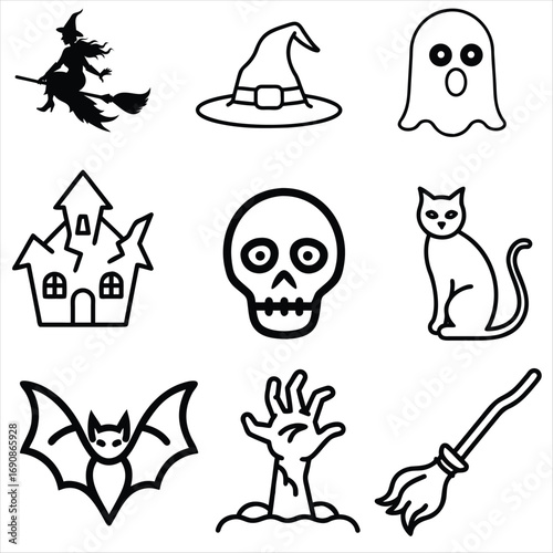 Halloween Vector Icon Set , Witch, Ghost, Skull, Cat, Haunted House, Bat, Zombie Hand and Broomstick Illustrations