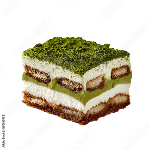 photograph of matcha tiramisu against a white background
