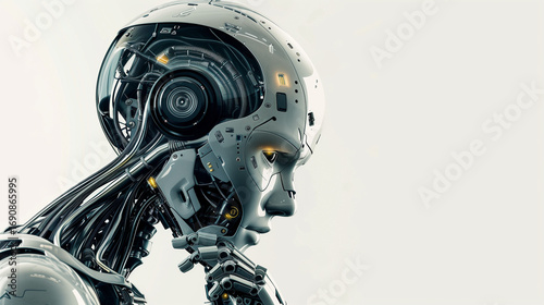 futuristic AI robot, delicately designed with a human-like face, captured in a perfect side profile view while deep in thought. 