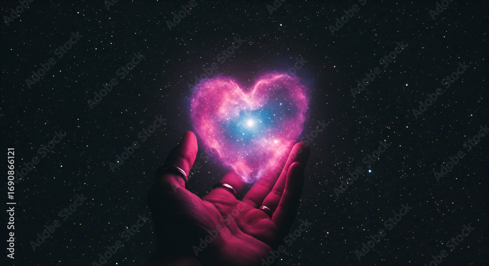 Obraz premium The universe in your hands: A heart-shaped nebula held against the cosmos