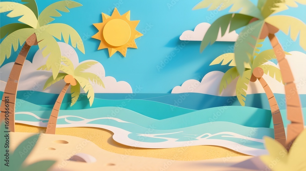 Fototapeta premium Vibrant Tropical Beach Scene with Paper Art Elements and Sun