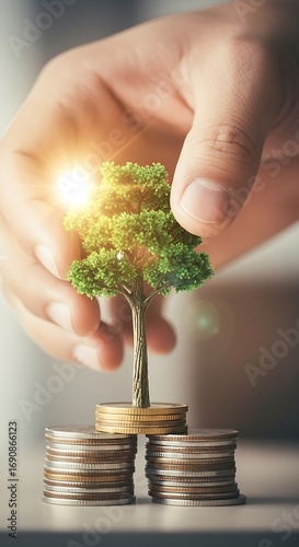 Nurturing Financial Growth With A Vibrant Tree On Stacked Coins Under Warm Sunlight