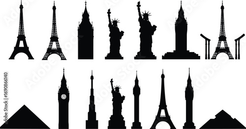 World landmark silhouettes, Eiffel Tower, Big Ben, Statue of Liberty, Tokyo Tower, pyramids, famous monuments, travel icons, architecture, cultural heritage