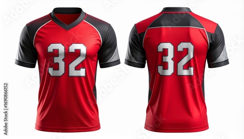 Front and Back View of a Red Sports Jersey with Number 32, Realistic Close Up of Red and Black Athletic Shirt with Silver Accents