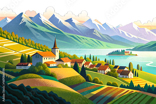 Lake Geneva between Switzerland and France, surrounded by Alps, vineyards, cultural landmarks, famous European travel destination
