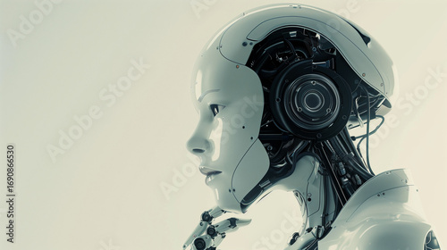 futuristic AI robot, delicately designed with a human-like face, captured in a perfect side profile view while deep in thought. 