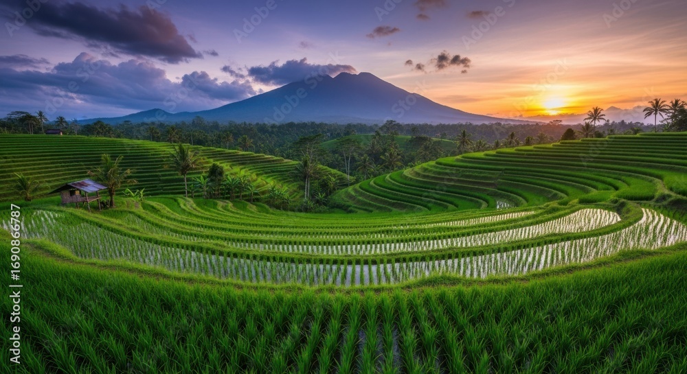 Fototapeta premium Lush Green Terraced Rice Fields and Mountain at Sunset