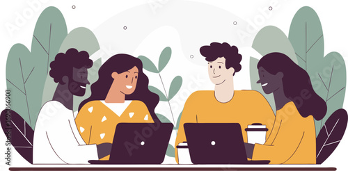 Diverse team collaborating on laptops in a creative workspace environment illustration