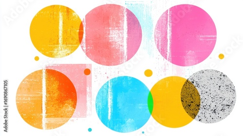 A collection of colorful circles and squares arranged in a grid-like pattern.