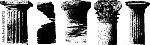 Grunge black and white ornate column illustrations for vintage design projects