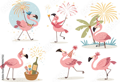 Cute flamingo party vector set with fireworks, tropical palm, summer holiday celebration, funny cartoon birds, festive birthday design