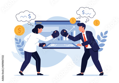 Business professionals competing in a financial battle with boxing gloves demonstrating market rivalry