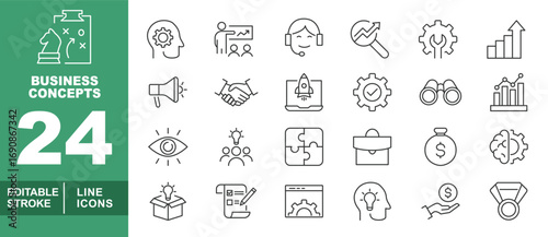 Business Concepts line icon set. Editable stroke icons for Business Concepts. Containing Chess, Brain, Teacher, Headset, Magnifier, Gear, Chart, Megaphone, Handshake, Rocket, Binoculars, Eye, Team