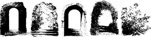 Ornate grunge black and white arches and foliage set for design projects