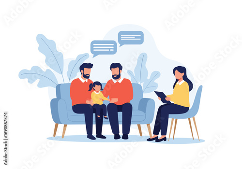 Family counseling session for modern diverse families discussing concerns