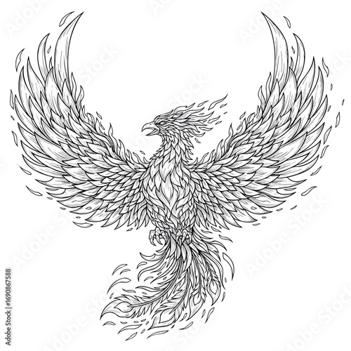 Handdrawn mythical phoenix bird with fiery feathers and spread wings in a detailed line art style.