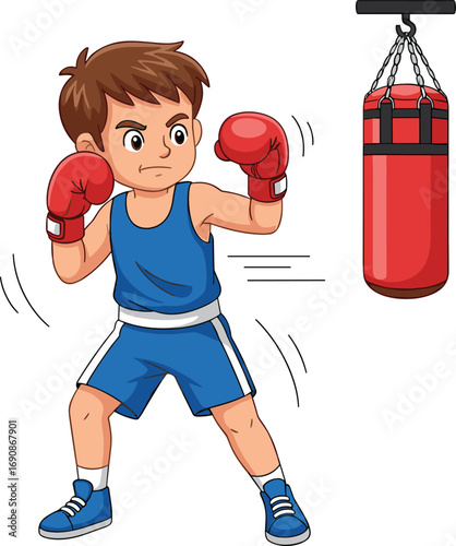 Cartoon boy boxing, punching bag training, fitness activity, sports discipline, athletic child, motion illustration, red gloves, white background