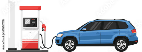 Blue SUV at gas station, refueling scene, fuel pump with nozzle, transportation concept, automotive service, energy source, travel, clean background