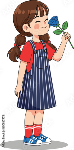 Cartoon child smelling blue rose, peaceful moment, nature appreciation, floral gesture, striped dress, cheerful pose, vibrant colors, white background