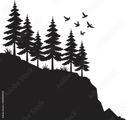 Silhouette of pine trees on a rocky incline with birds flying Keywords: nature, landscape